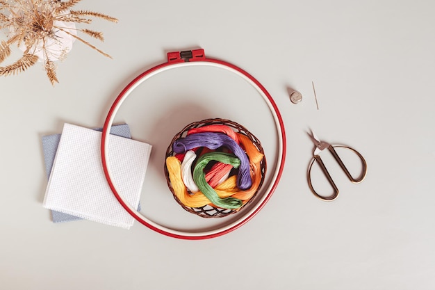 Hilos y bastidor de bordado